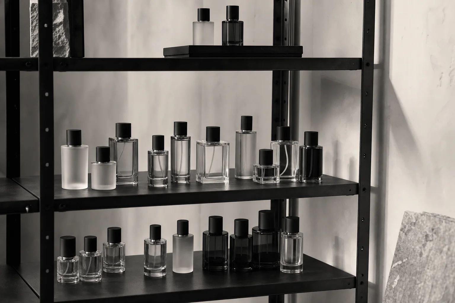 A black industrial shelving unit holding rows of unbranded glass perfume bottles with black caps
