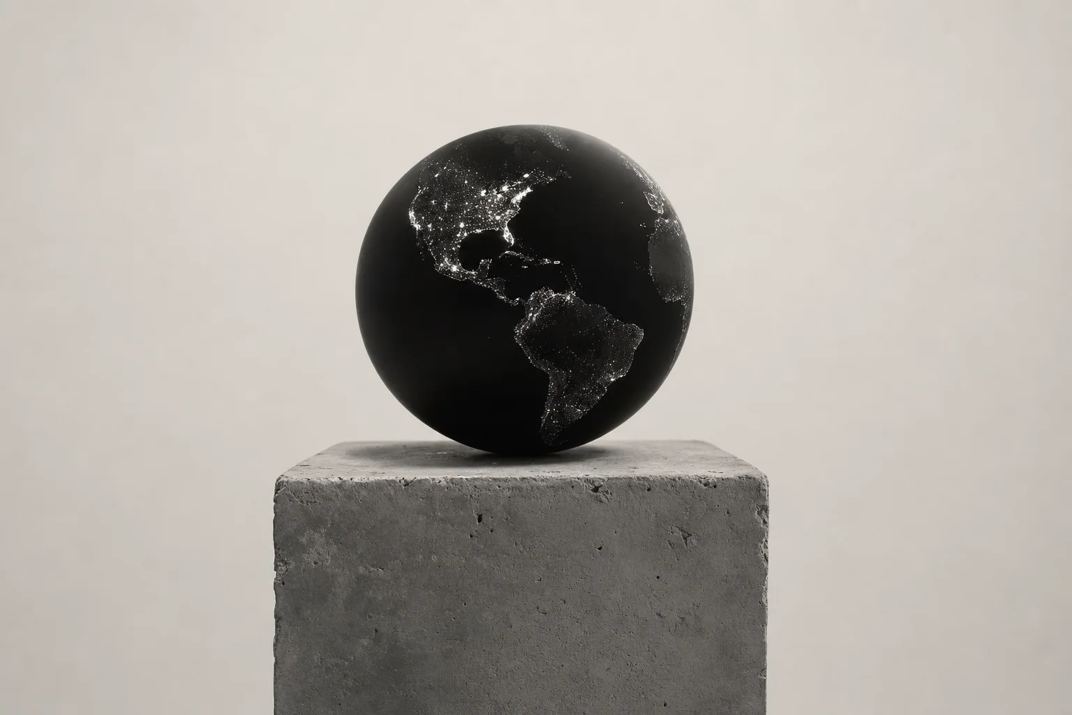 A matte black globe with glowing white city lights, resting on a concrete plinth