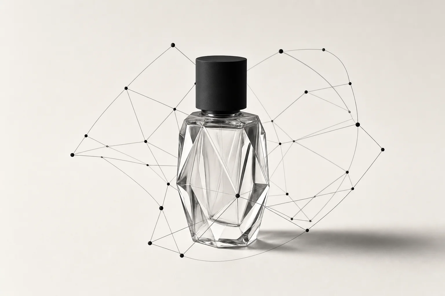 A faceted crystal fragrance bottle with a black cap, ringed by a fine black constellation of lines and points