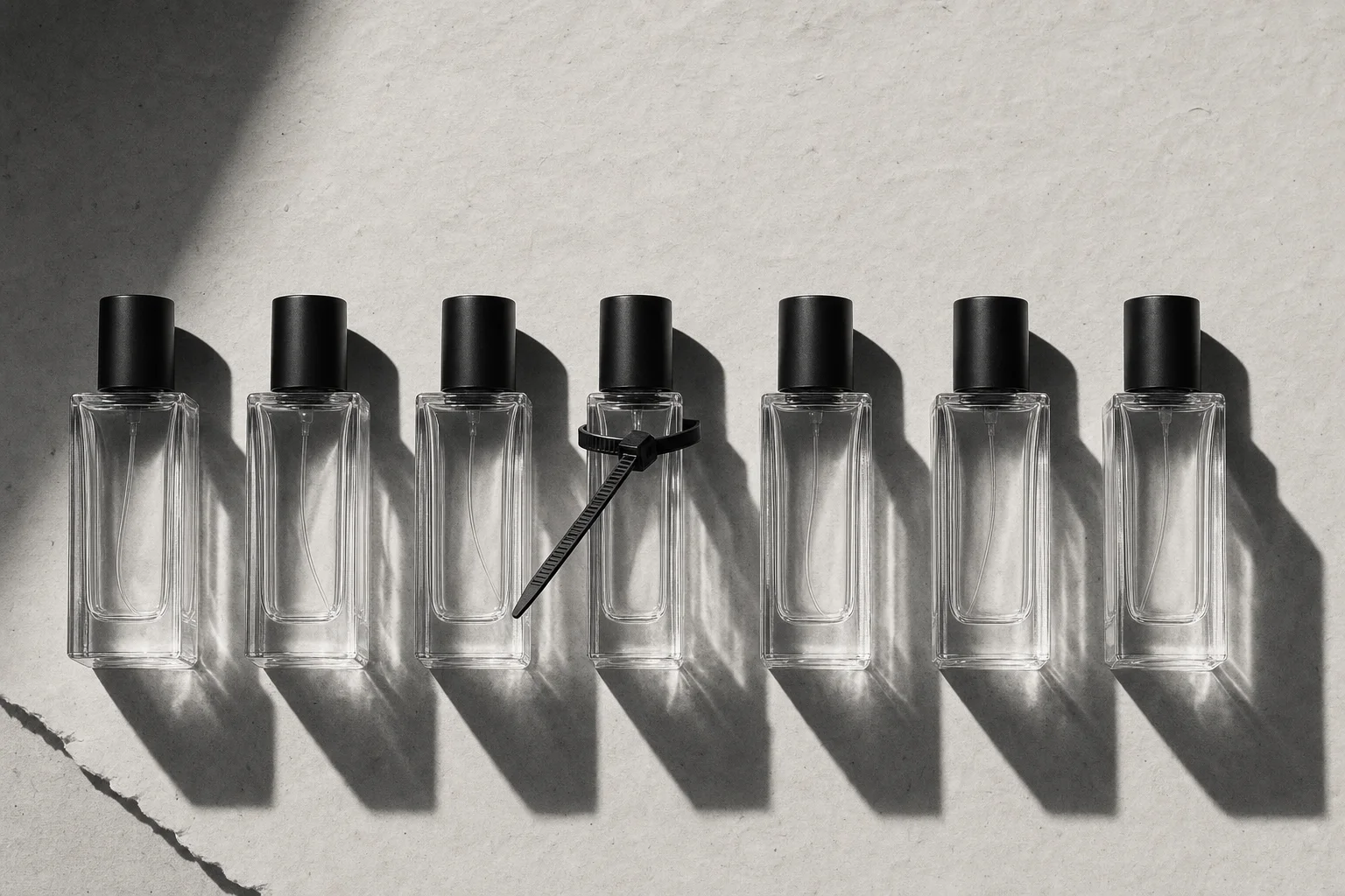Seven glass fragrance bottles with black caps in a row on off-white paper, one tagged with a black zip tie