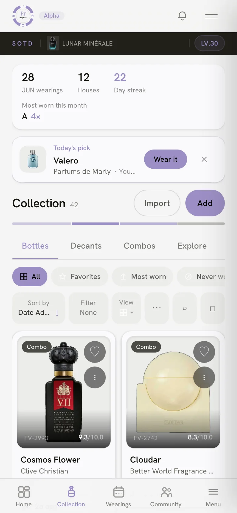 The Fraghab collection grid — a wall of fragrance bottles with ratings, houses and shelf filters