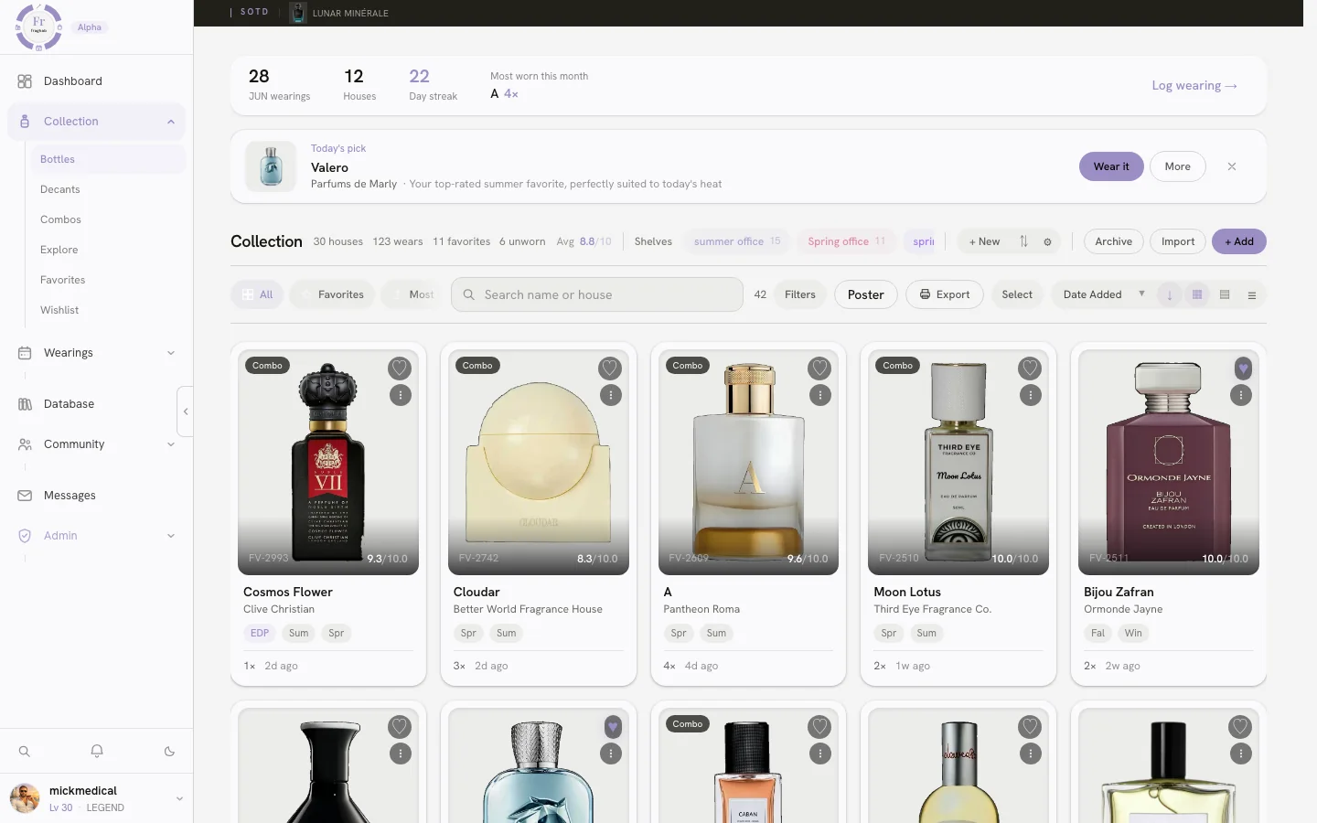 The Fraghab collection grid — a wall of fragrance bottles with ratings, houses and shelf filters