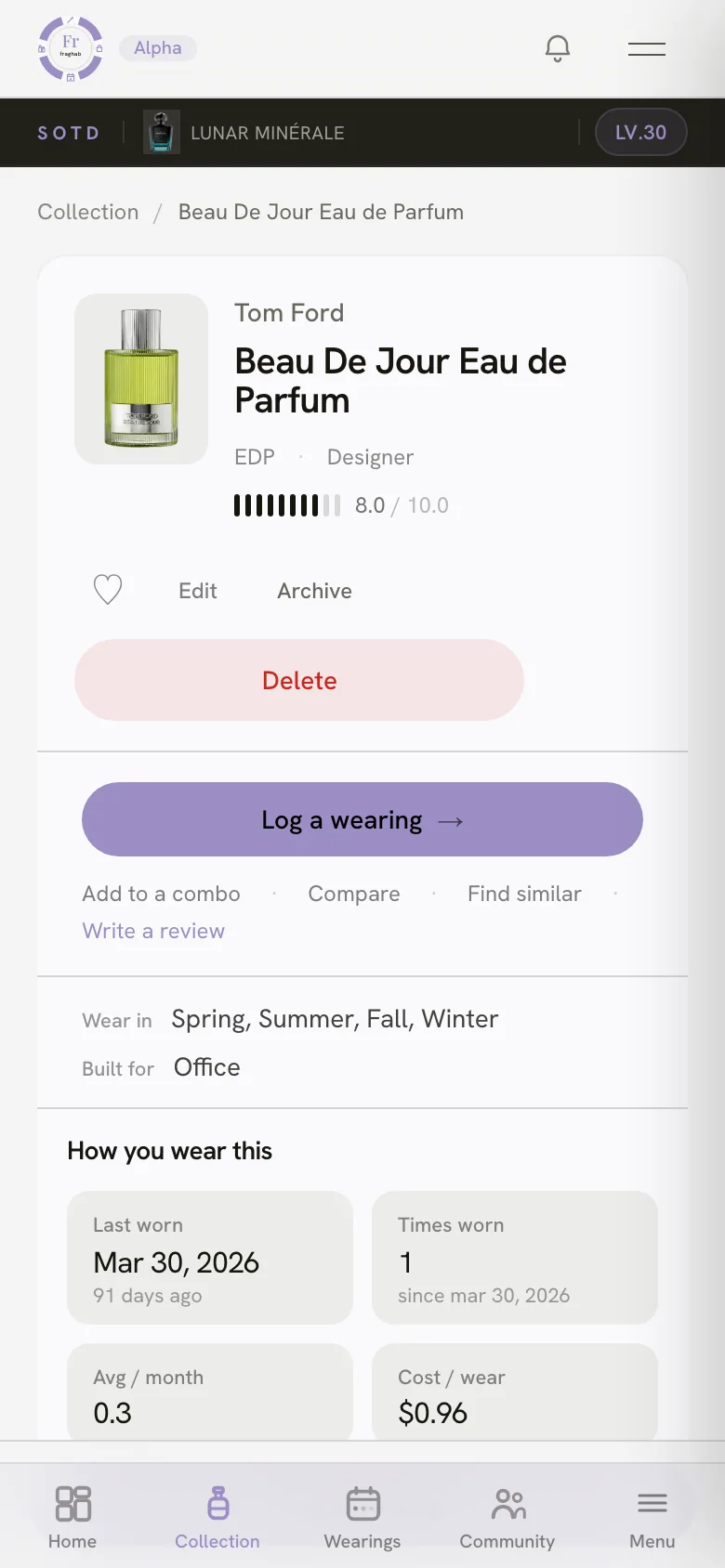 A fragrance detail page in Fraghab — rating, cost per wear and how you wear it