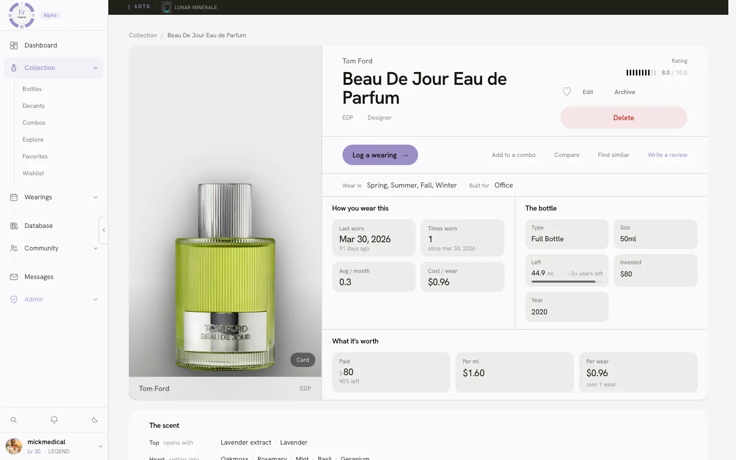A fragrance detail page in Fraghab — cost per wear, what it's worth, and the full scent pyramid