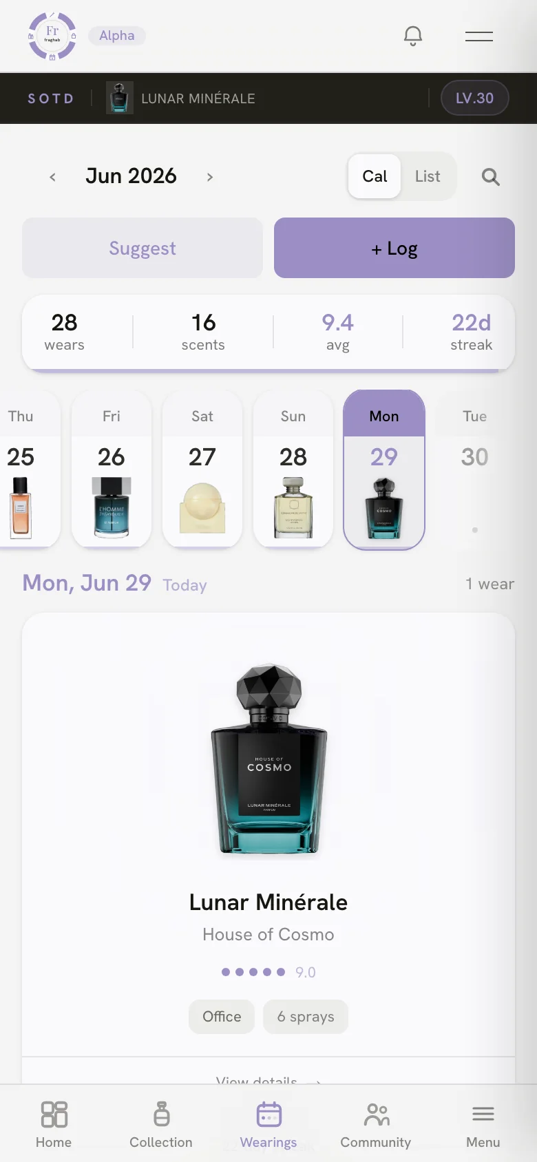 The Fraghab wearing calendar — a month of daily scent logs, each day showing the bottle worn