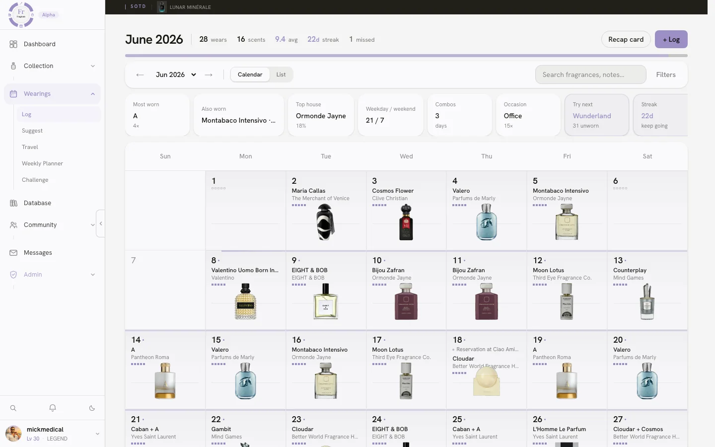 The Fraghab wearing calendar — a month of daily scent logs, each day showing the bottle worn