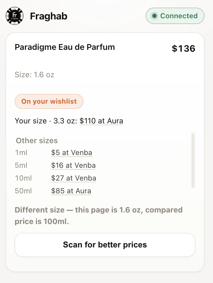 The Fraghab extension open on a store product page: displayed price comparisons by size and a scan button.