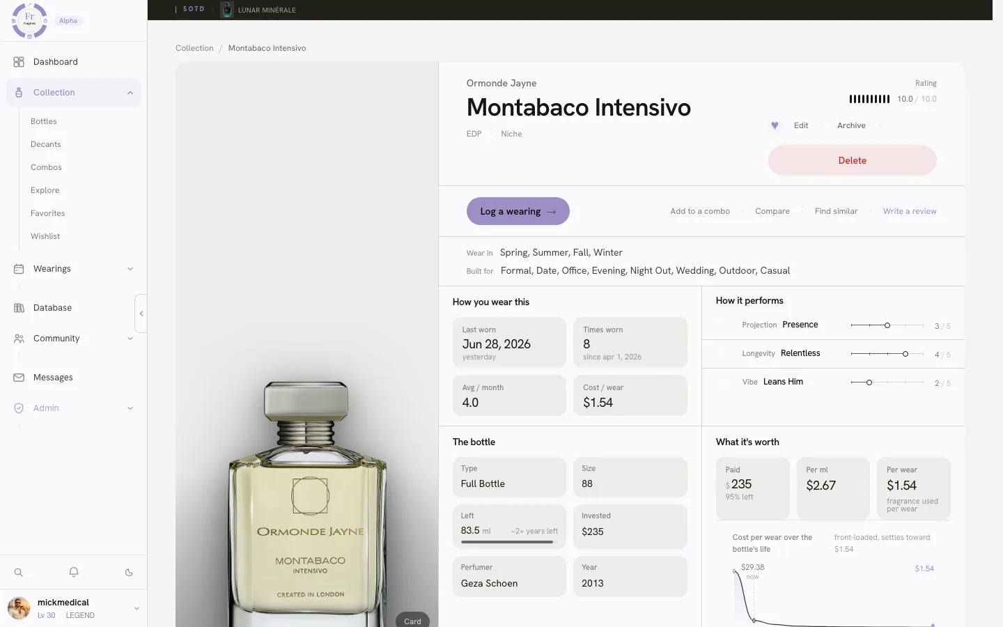 Fraghab bottle detail with cost per wear and performance analytics