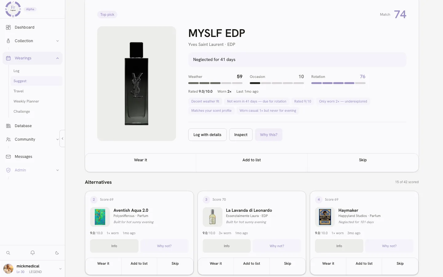Fraghab's pick for today: MYSLF EDP scored on weather, occasion, and rotation, with the reasons shown (not worn in 41 days, due for rotation) and three alternatives from the same collection